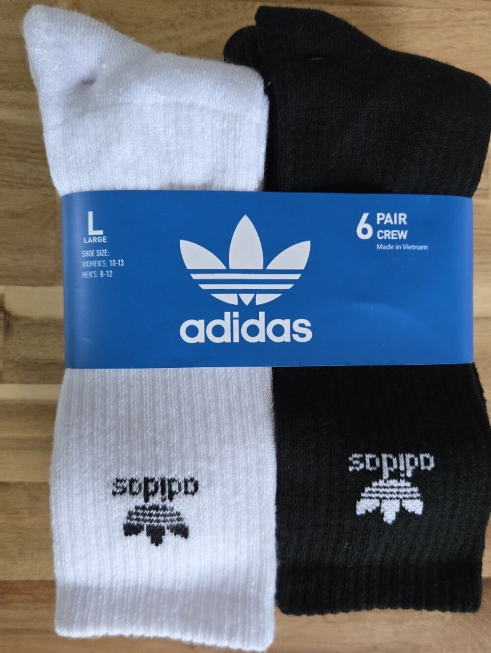 adidas Moisture-Wicking Crew Socks 6 Pairs Black White Size Large M8-12/W10-13
